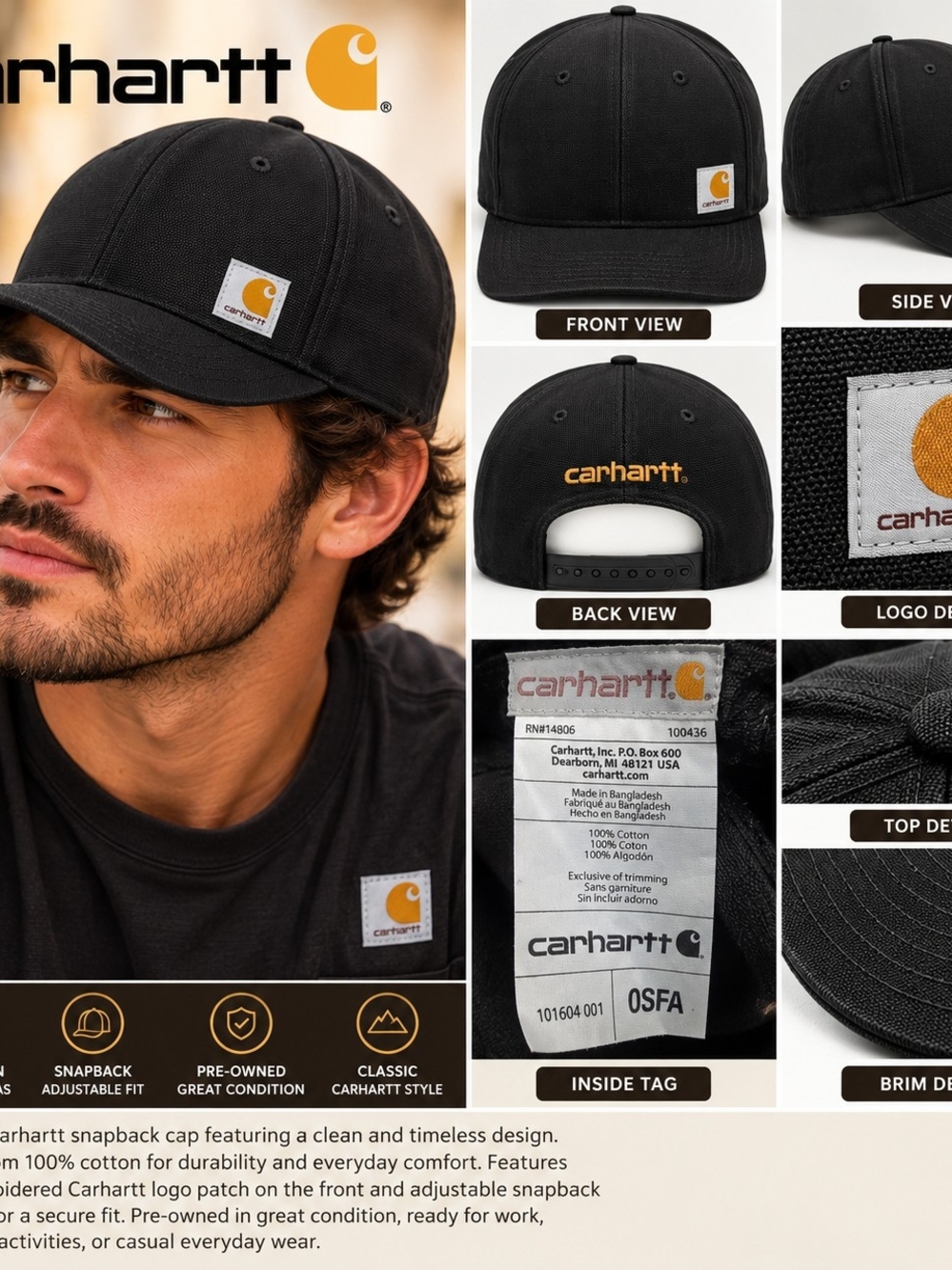 Carhartt Black Canvas Snapback Hat – Model 101604-001 – OSFA